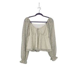 Blu Pepper Blouse Women's S Green Gingham Peasant Textured Baby Doll Spring